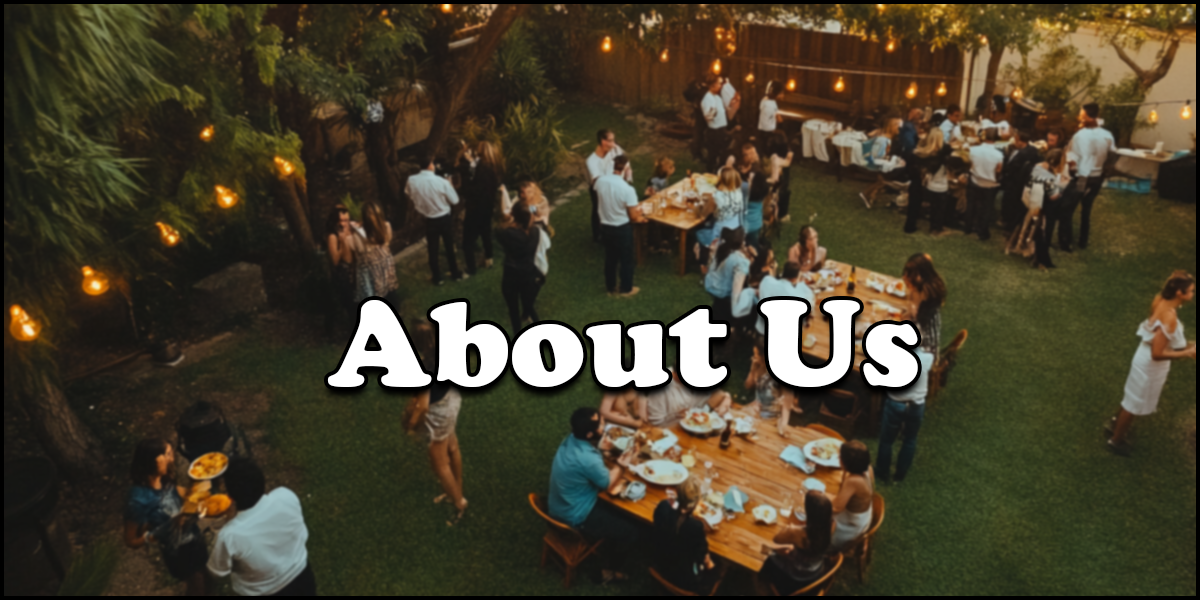 A group of people socialize and dine outdoors in a backyard setting during a gathering; "About Us" is written in large text across the image.