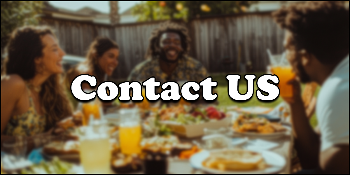 Four people sit at an outdoor table with food and drinks, smiling and talking. The text "Contact US" appears in large letters over the image.