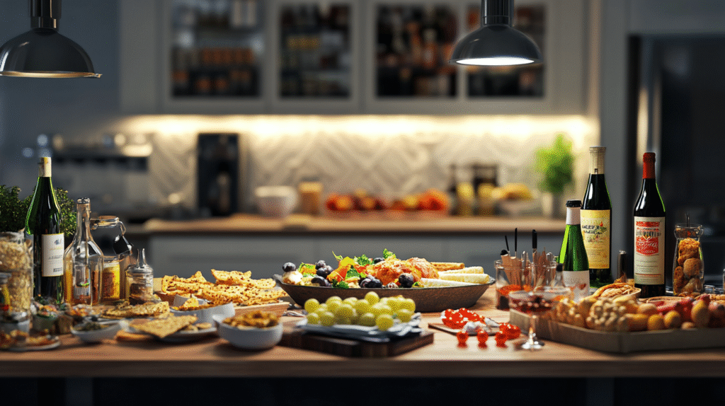 Quick Simple Bites with A kitchen counter features an assortment of appetizers, snacks, fruit, breadsticks, and bottles of wine, set up for a casual gathering or buffet.