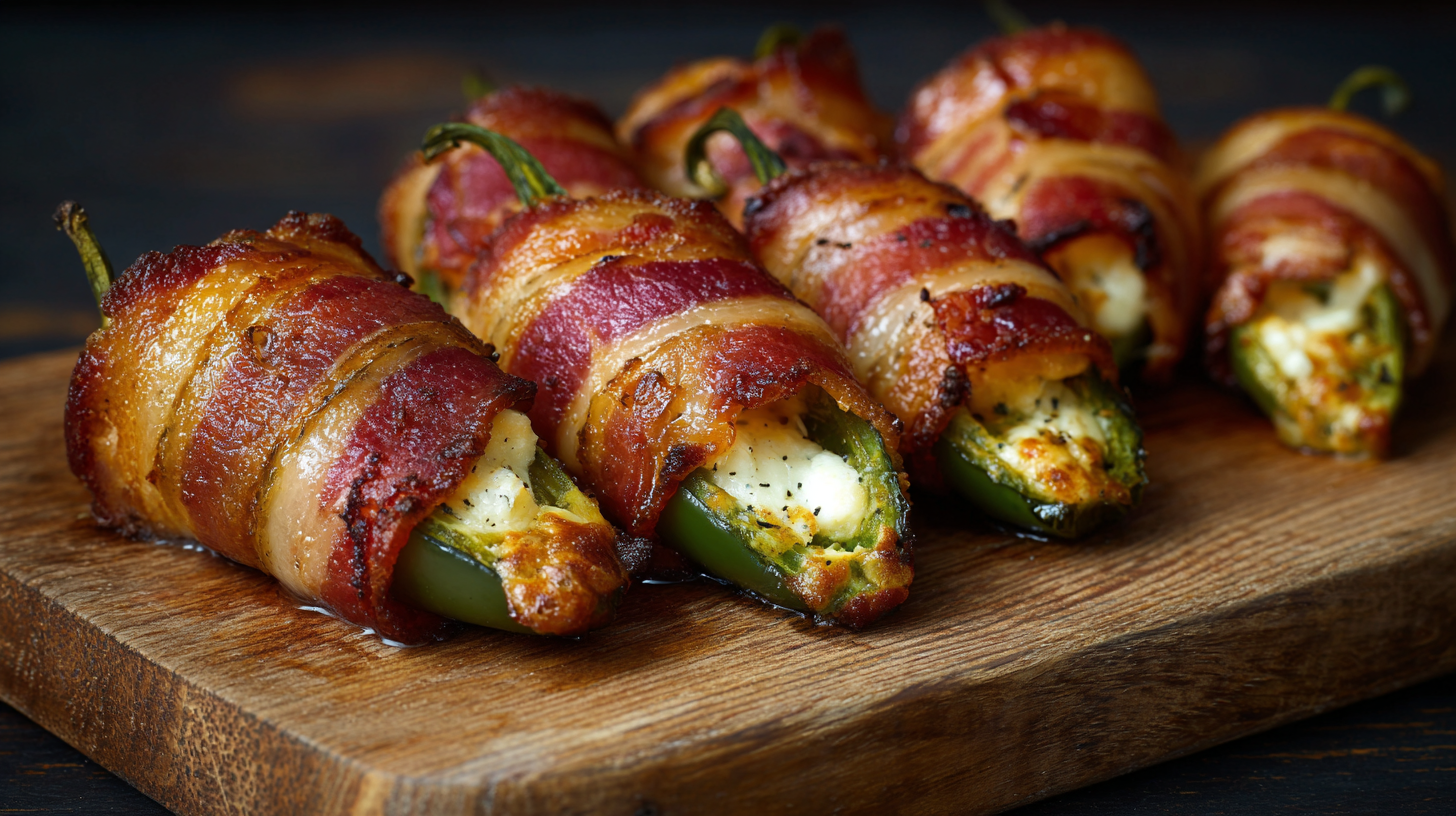 Bacon-wrapped jalapeño poppers stuffed with cheese are arranged in a row on a wooden serving board, ready to enjoy as the ultimate Bacon-Wrapped Jalapeño Poppers Recipe appetizer.