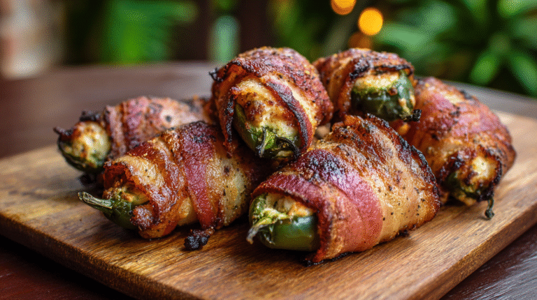 Bacon-Wrapped Jalapeño Poppers Recipe: Cheese-stuffed jalapeño peppers wrapped in bacon, served on a wooden cutting board with a blurred background.