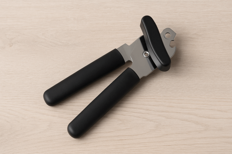 A manual can opener with black handles rests on a light wooden surface.