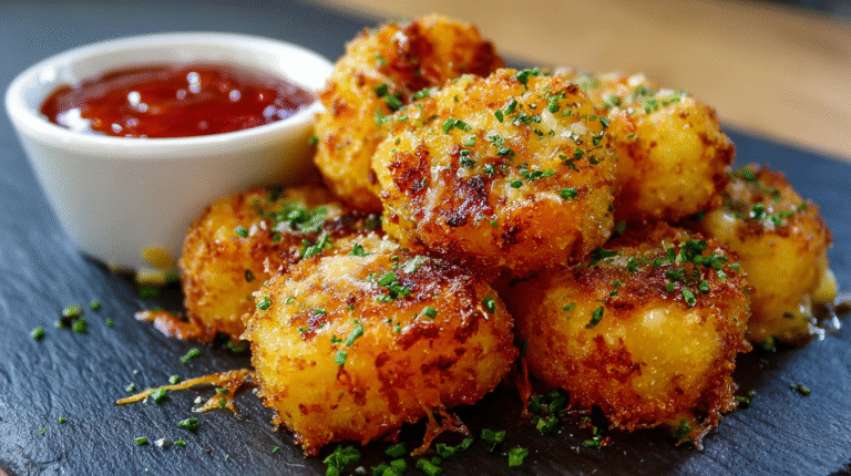A stack of golden brown, crispy cheesy potato bites garnished with chopped herbs, served on a dark slate plate with a small cup of red dipping sauce. Try this irresistible Crispy Cheesy Potato Bites Recipe for your next snack craving!.