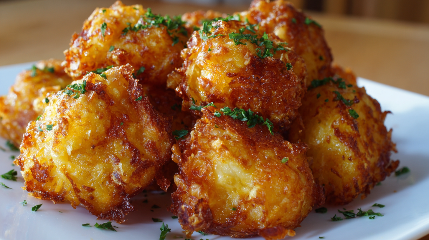 A close-up of several golden-brown hash brown balls, inspired by a Crispy Cheesy Potato Bites Recipe, garnished with chopped parsley and served on a white plate.
