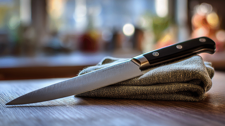 A Chef’s Knife with a black handle rests on a folded kitchen towel on a wooden surface, set against a blurred kitchen background.