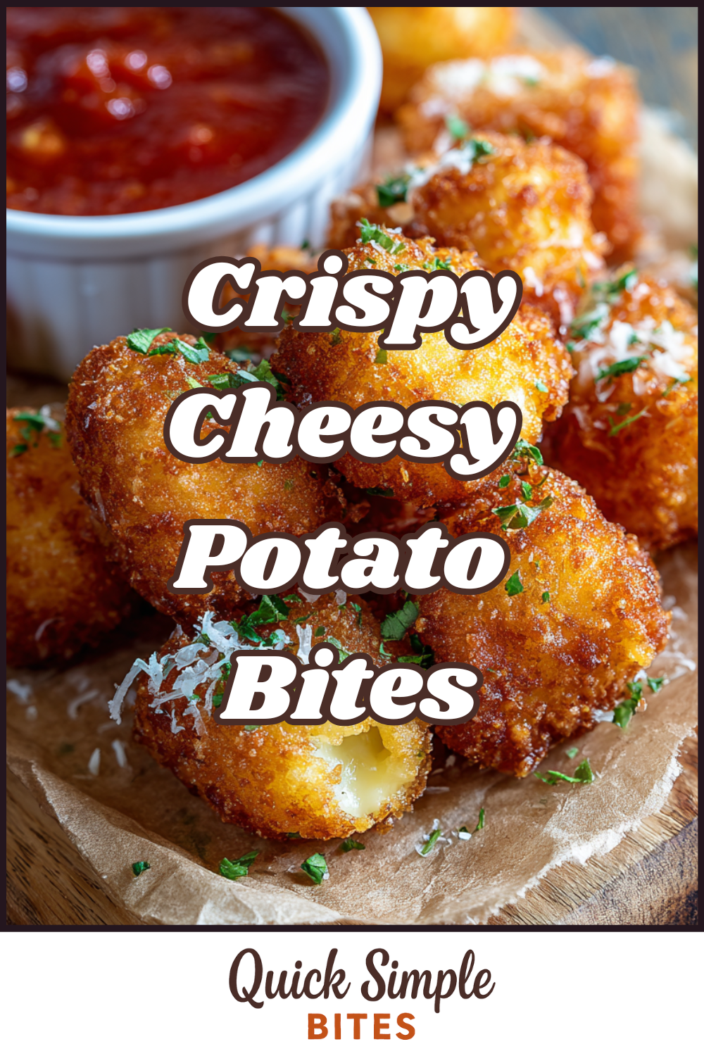 A plate of golden fried potato bites garnished with herbs, served with marinara sauce. Text reads: Crispy Cheesy Potato Bites Recipe—perfect for snacking or sharing with friends.
