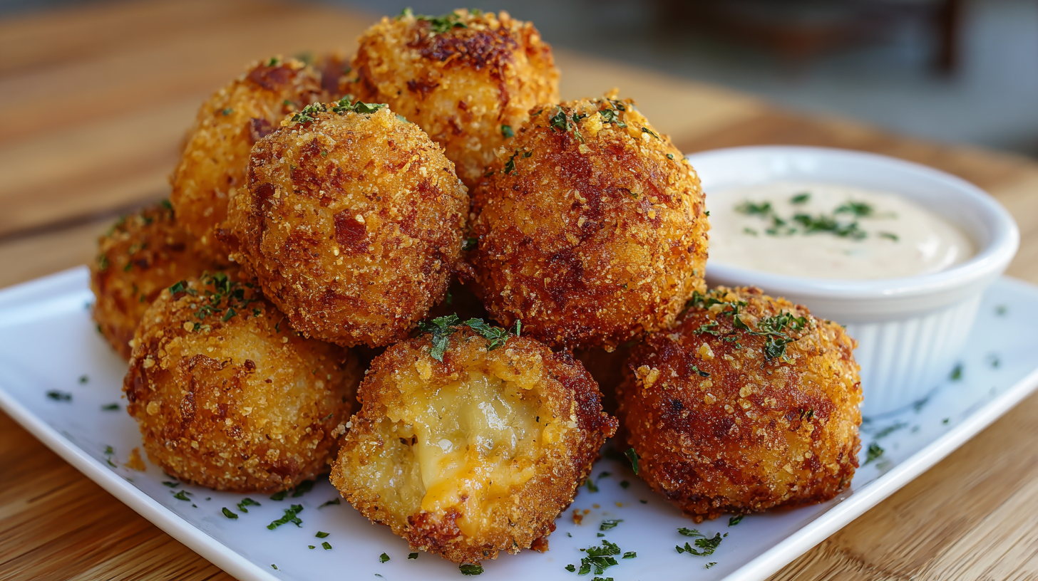 A plate of golden brown, Crispy Cheesy Potato Bites garnished with herbs, served with a small bowl of creamy dipping sauce on the side—an irresistible recipe for every cheese lover.