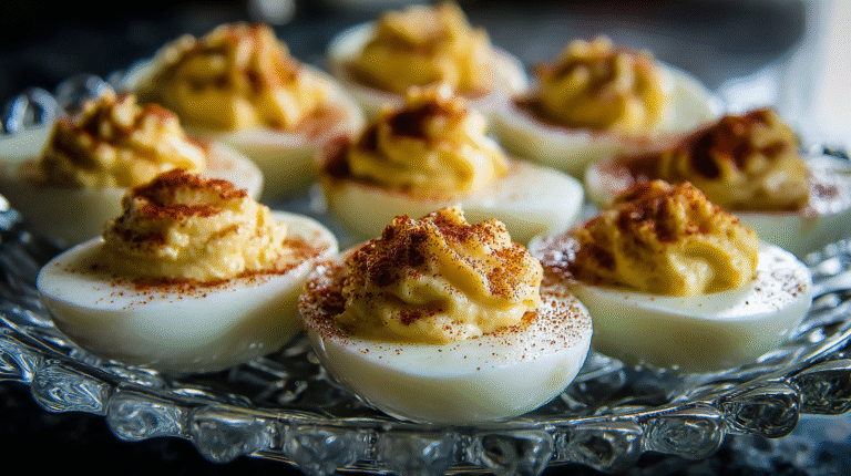 A glass platter holding several classic Deviled Eggs, each topped with a sprinkle of paprika.