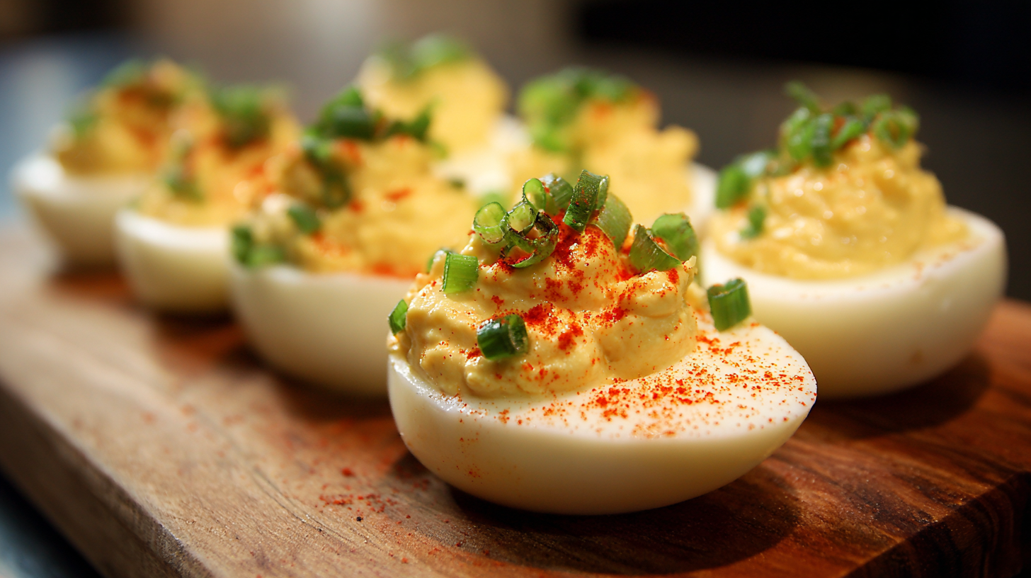 A row of classic Deviled Eggs topped with chopped green onions and a sprinkle of paprika, arranged on a wooden serving board for the perfect appetizer.