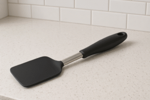 A black silicone spatula with a stainless steel neck and black handle, a versatile kitchen utensil, rests on a light-colored countertop in front of a white tile backsplash.
