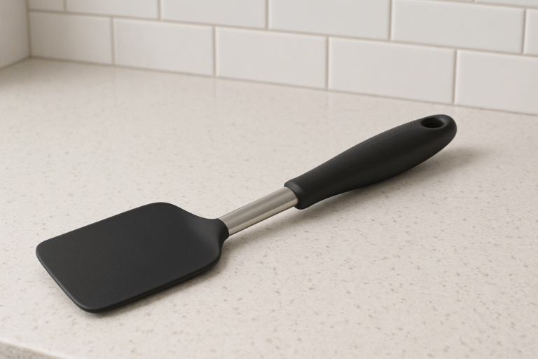 A black silicone spatula with a stainless steel neck and black handle, a versatile kitchen utensil, rests on a light-colored countertop in front of a white tile backsplash.
