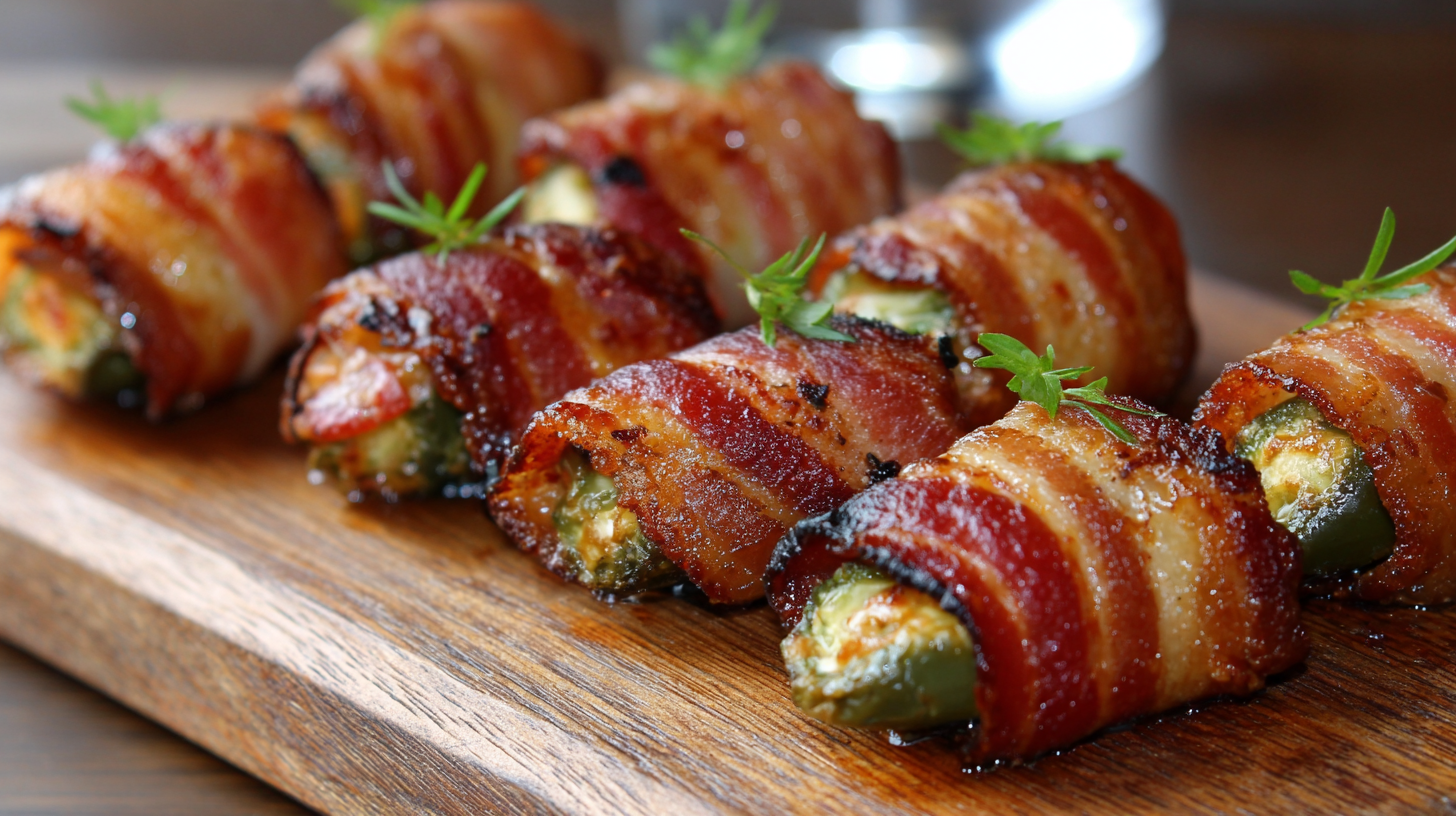 Bacon-wrapped jalapeño poppers stuffed with cheese are arranged in a row on a wooden serving board, garnished with small green herbs—perfect for any gathering with this Bacon-Wrapped Jalapeño Poppers Recipe.