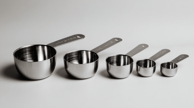 A set of six stainless steel measuring cups, essential baking tools, arranged in a row from largest to smallest on a white surface—a perfect addition to any kitchen utensils set.