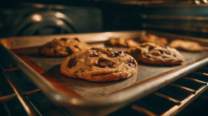 A baking tray with chocolate chip cookies is in the oven, with the cookies partially baked and beginning to brown on a non-stick baking sheet.