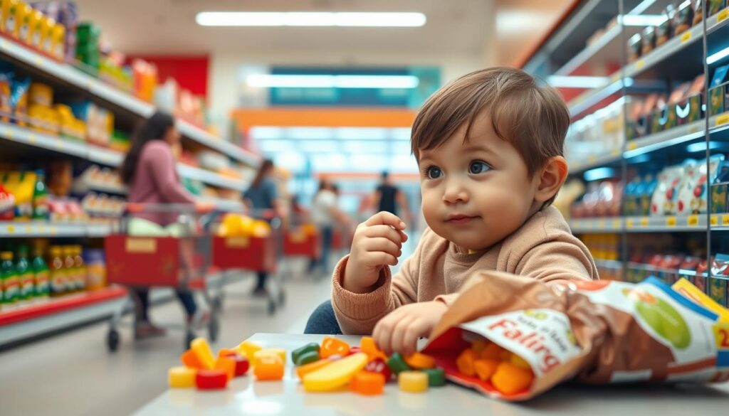 child eating snacks while distracted during activities and shopping